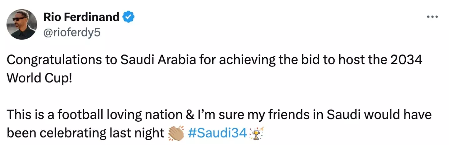 Rio Ferdinand congratulates Saudi Arabia on their winning World Cup bid (Image: X/rioferdy5)