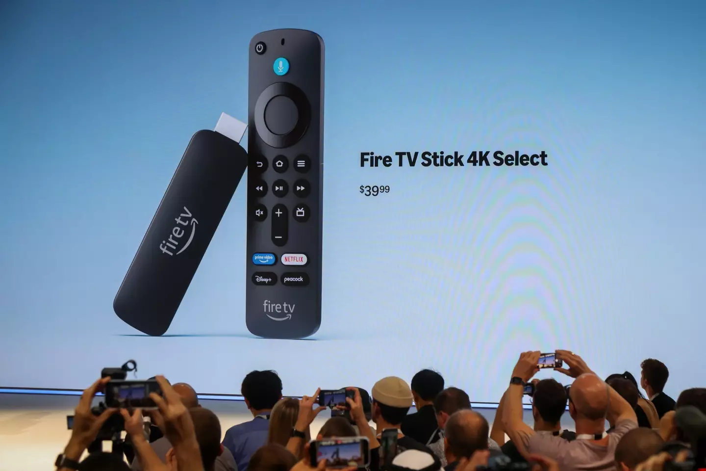 An image of the Fire TV Stick 4K on screen during Amazon's product event in New York last month. Image credit: Getty