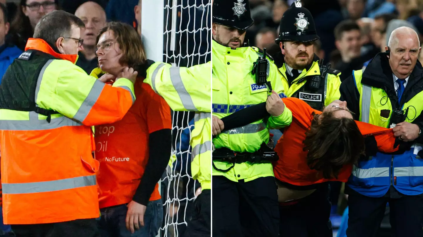Everton v Newcastle Interrupted After Protester Ties Himself To The Goalpost By His Neck