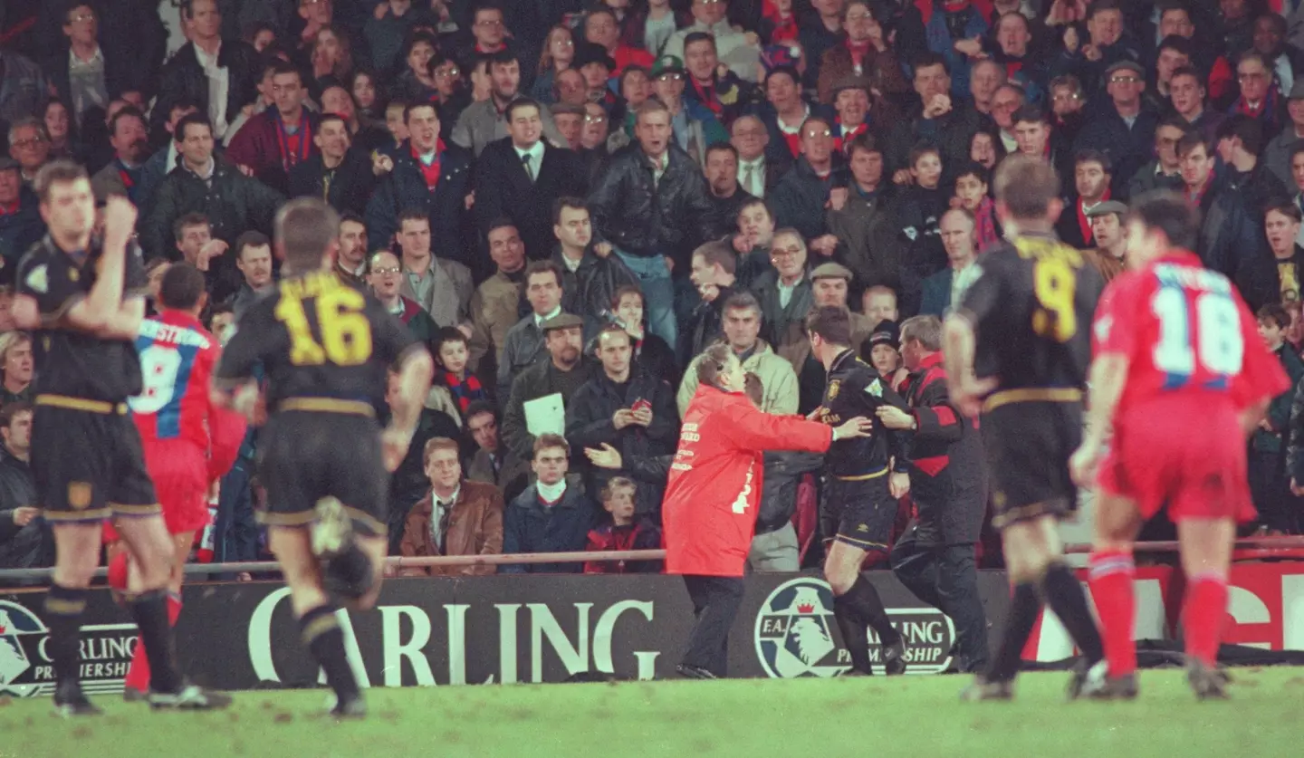 Eric Cantona clashed with a Crystal Palace fan in 1995. Image: Getty