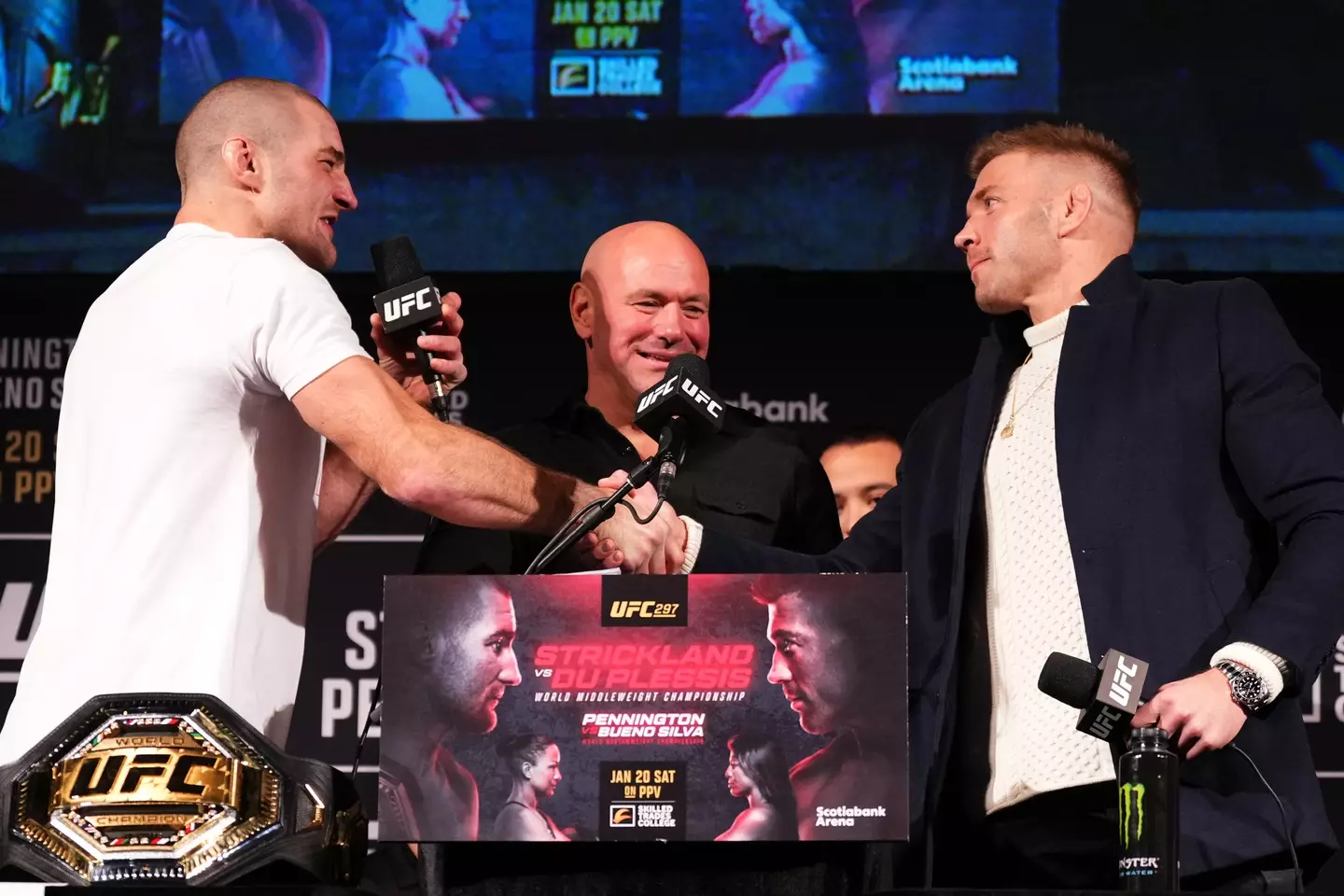 Sean Strickland and Dricus Du Plessis during the UFC 297 presser. Image: Getty