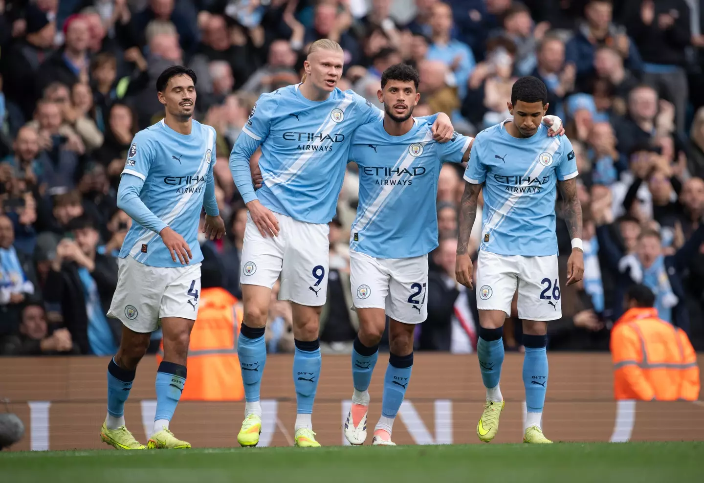 Erling Haaland celebrates scoring a goal for Manchester City. Image: Getty