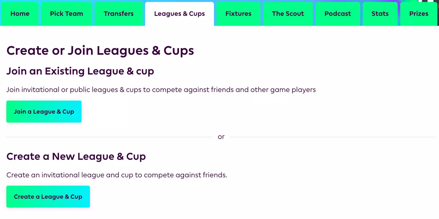 The 'Leagues & Cups' tab on FPL 2023/24