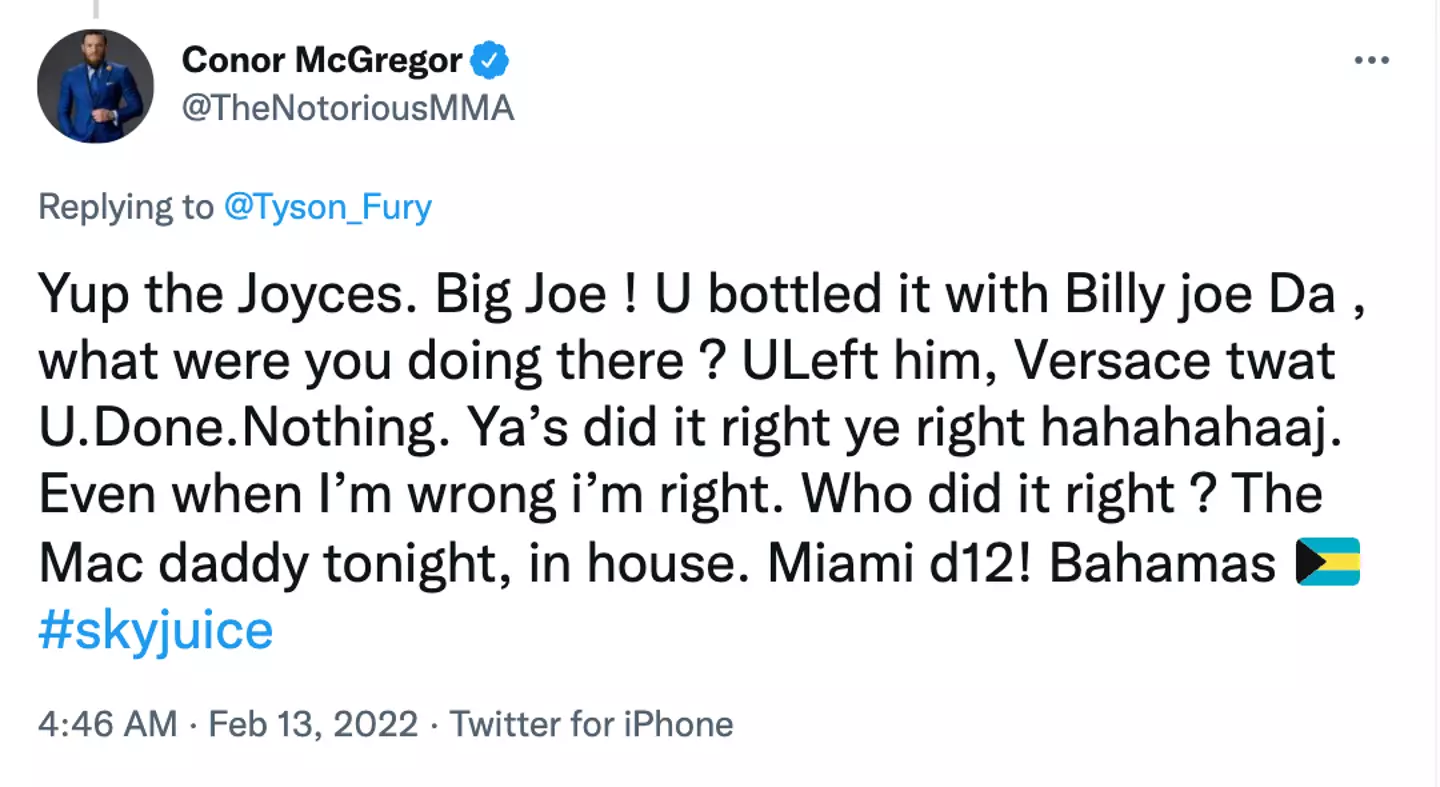 Have to screenshot McGregor's tweet because you never know when he'll delete it. Image: Twitter