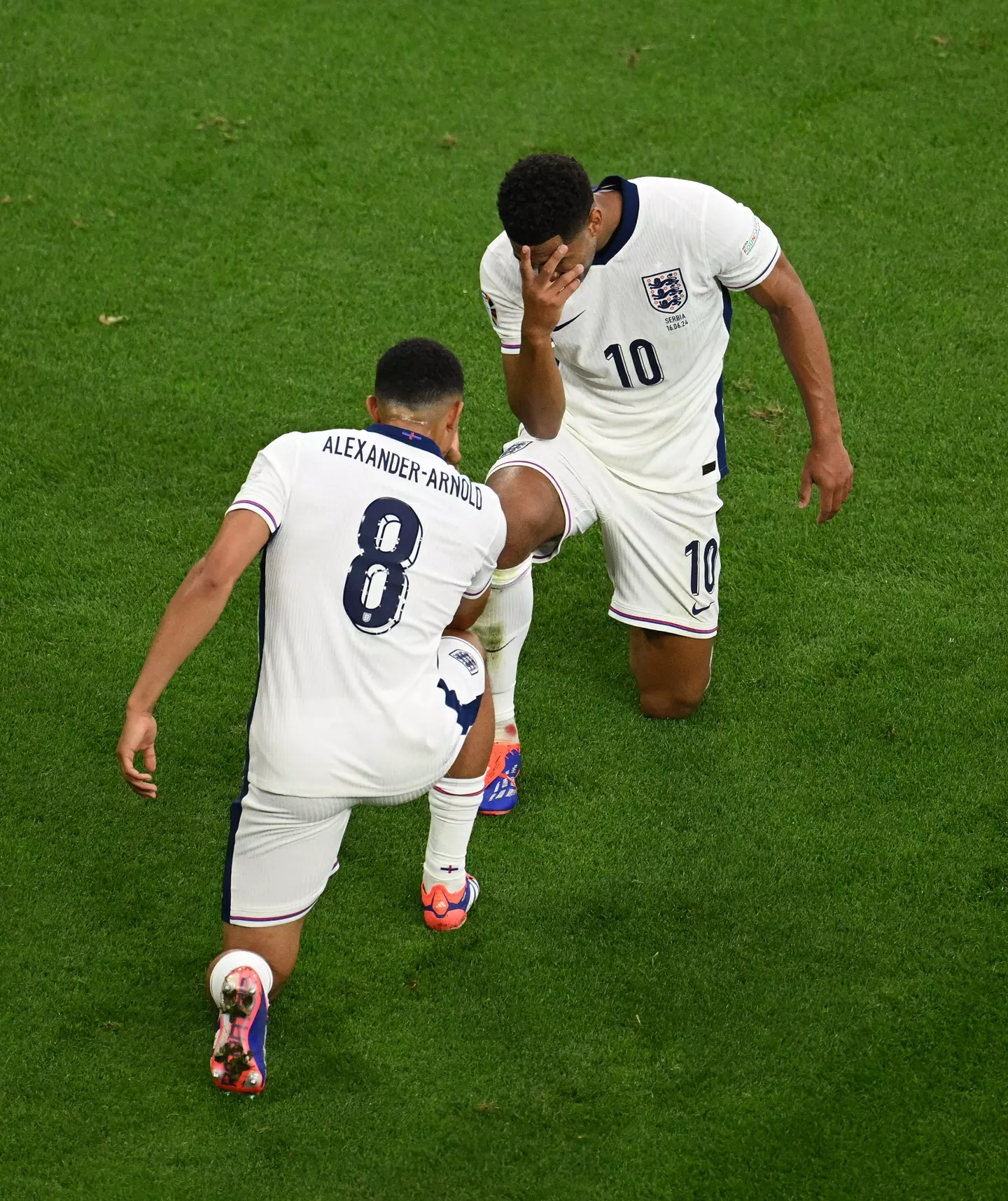 Jude Bellingham and Trent Alexander-Arnold celebrate England's goal against Serbia. Image: Getty