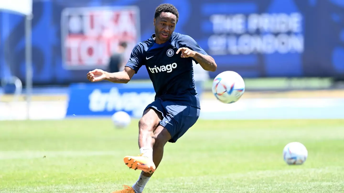 Raheem Sterling striking at goal during training. (Chelsea FC)