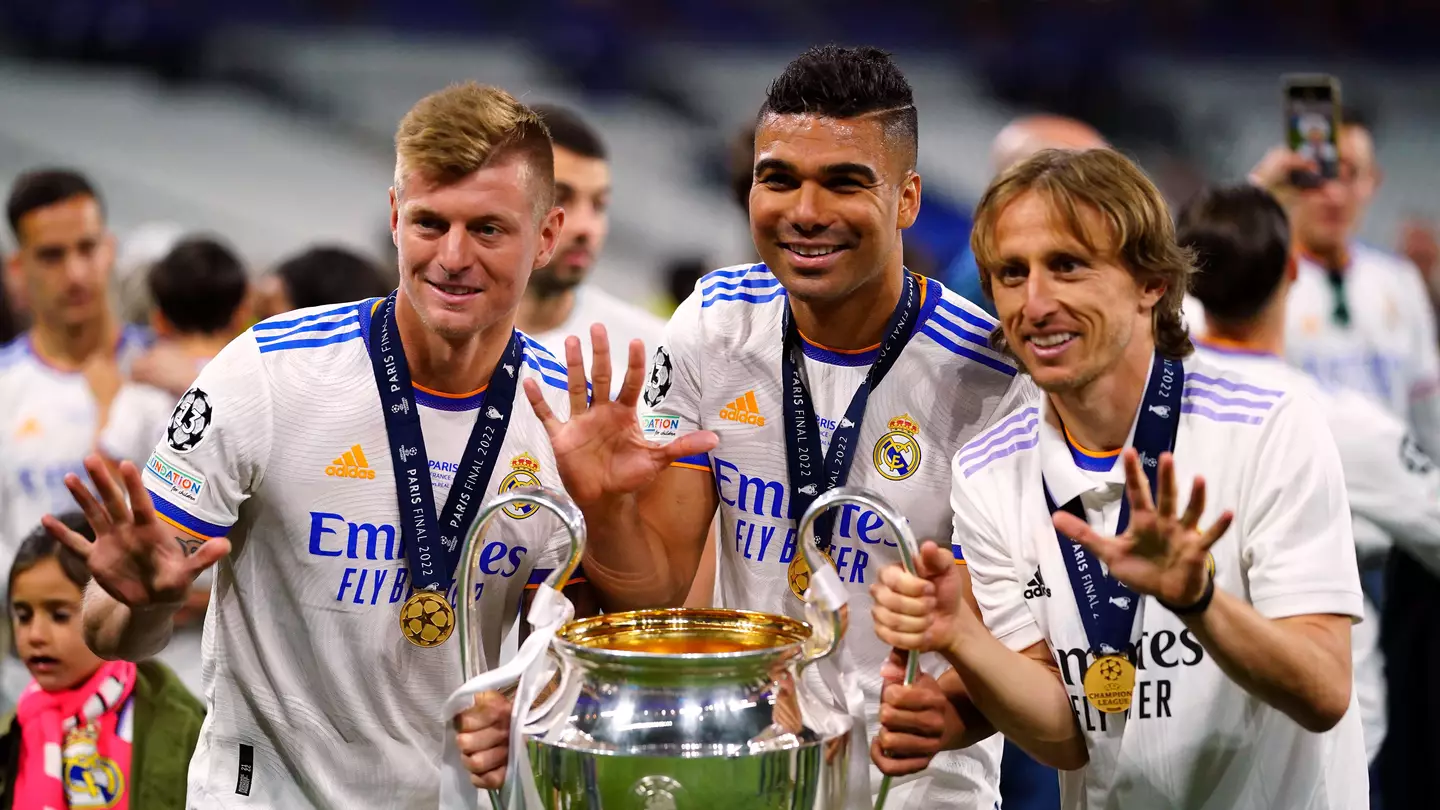Real Madrid's Luka Modric, Casemiro & Toni Kroos winning the 2022 Champions League final. (Alamy)