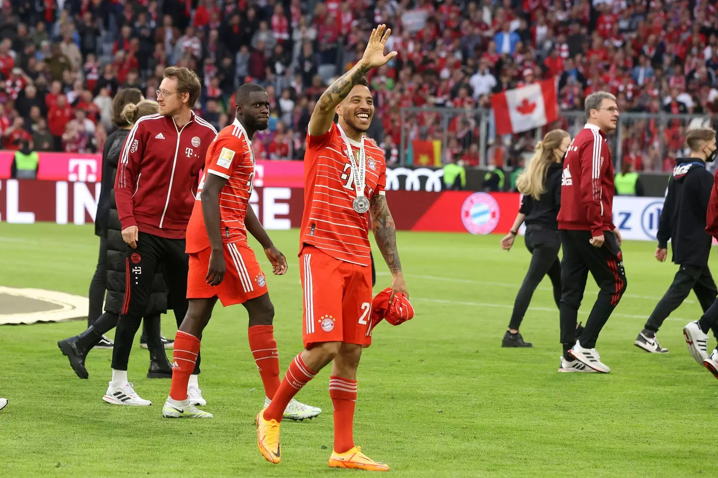Corentin Tolisso celebrates Bayern Munich's 2021/22 Bundesliga title win |