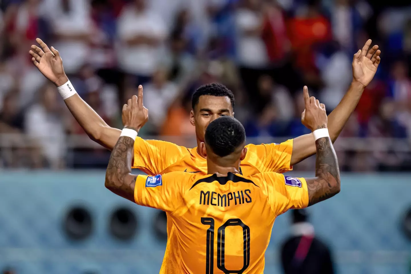 Depay and Cody Gakpo celebrate during the win over USA. Image: Alamy