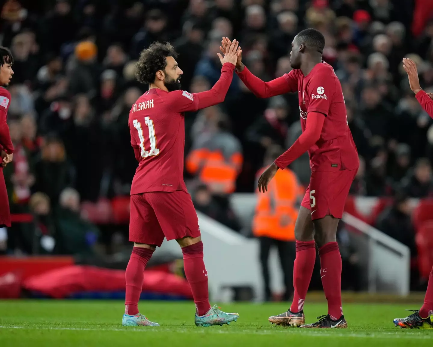 Ibrahima Konate and Mohamed Salah celebrate a goal for Liverpool. Image: Alamy 