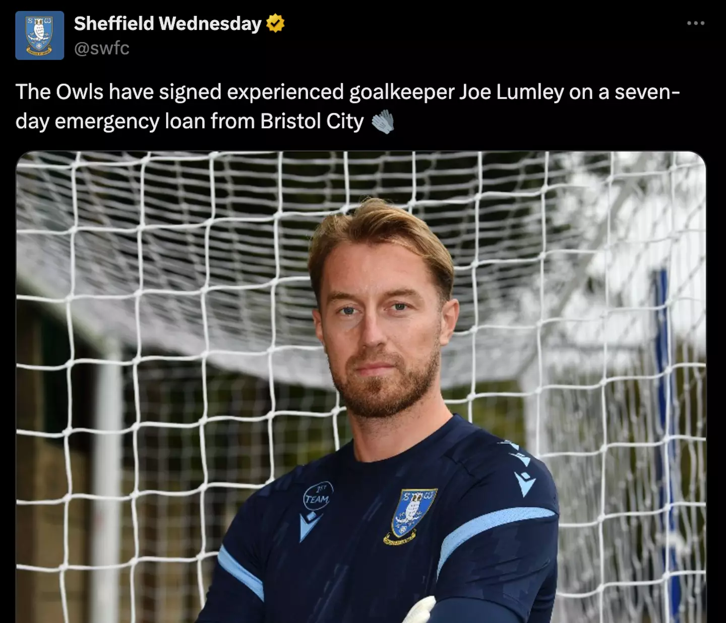 Lumley joined Sheff Wed on an initial seven-day emergency loan last week (Image: Twitter/@SWFC)