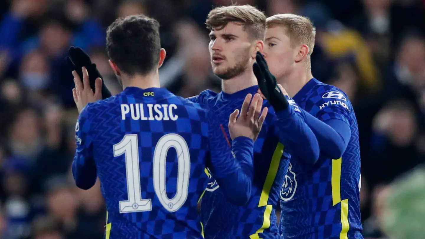 Chelsea's Timo Werner celebrates scoring their first goal with Christian Pulisic and Lewis Hall. (Alamy)