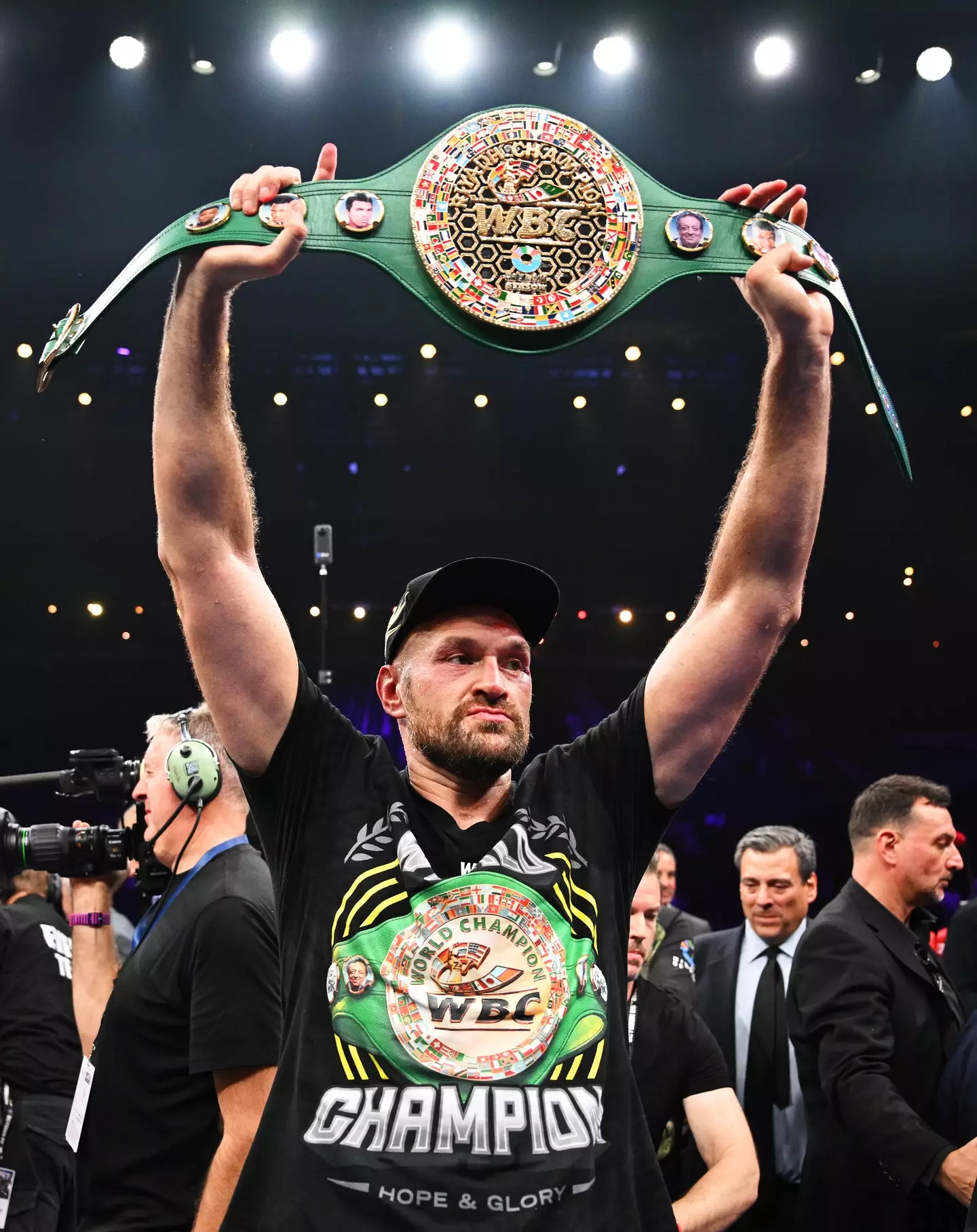 Tyson Fury holds aloft the WBC title after beating Francis Ngannou last year. Image: Getty