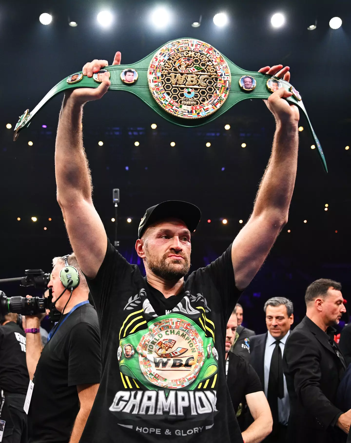 Tyson Fury holds aloft the WBC title after beating Francis Ngannou last year. Image: Getty 