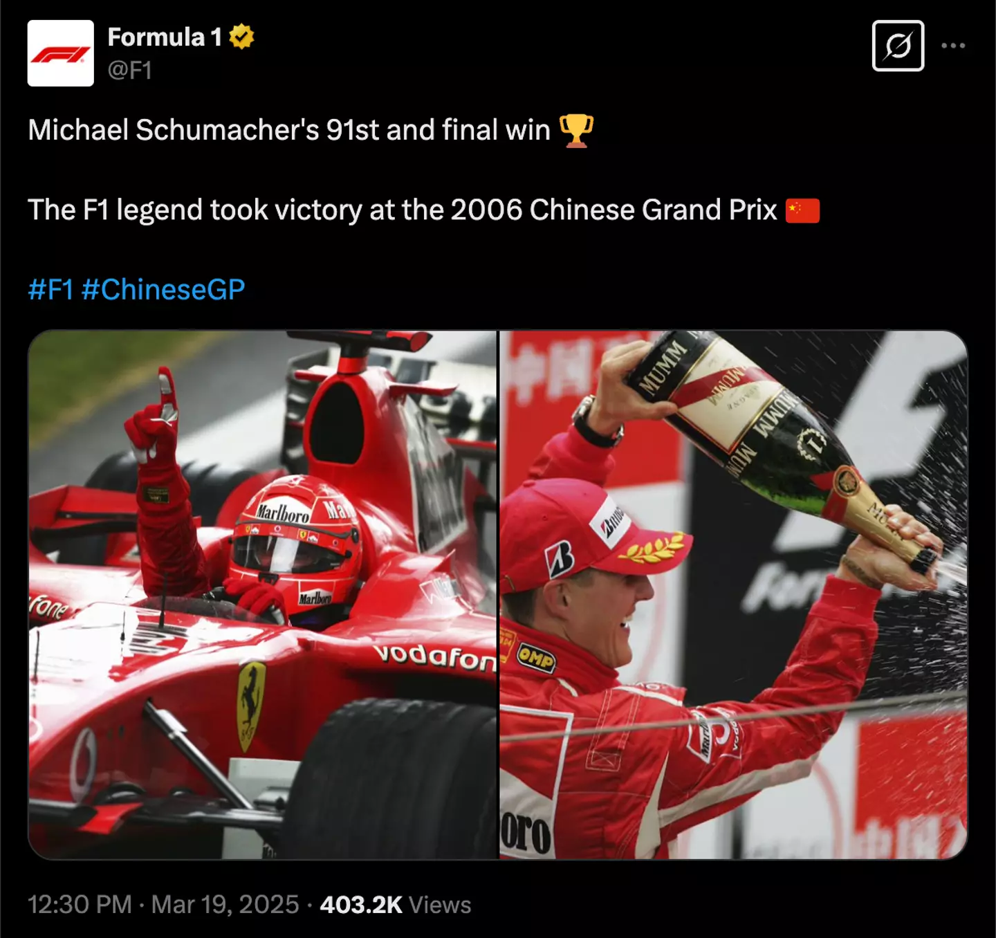 Schumacher won 91 races during his Formula 1 career (Image: Twitter)