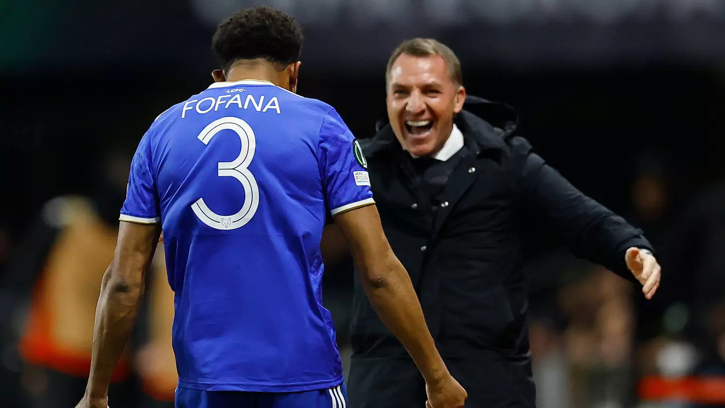 Leicester City's Wesley Fofana celebrates scoring a goal with manager Brendan Rodgers. (Alamy)