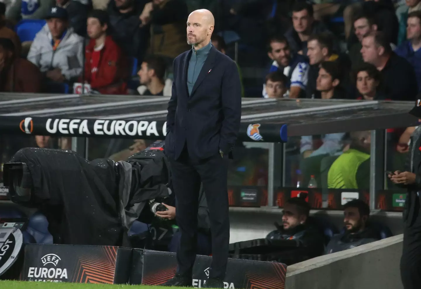 Erik ten Hag on the touchline during a Europa League match. Image: Alamy 