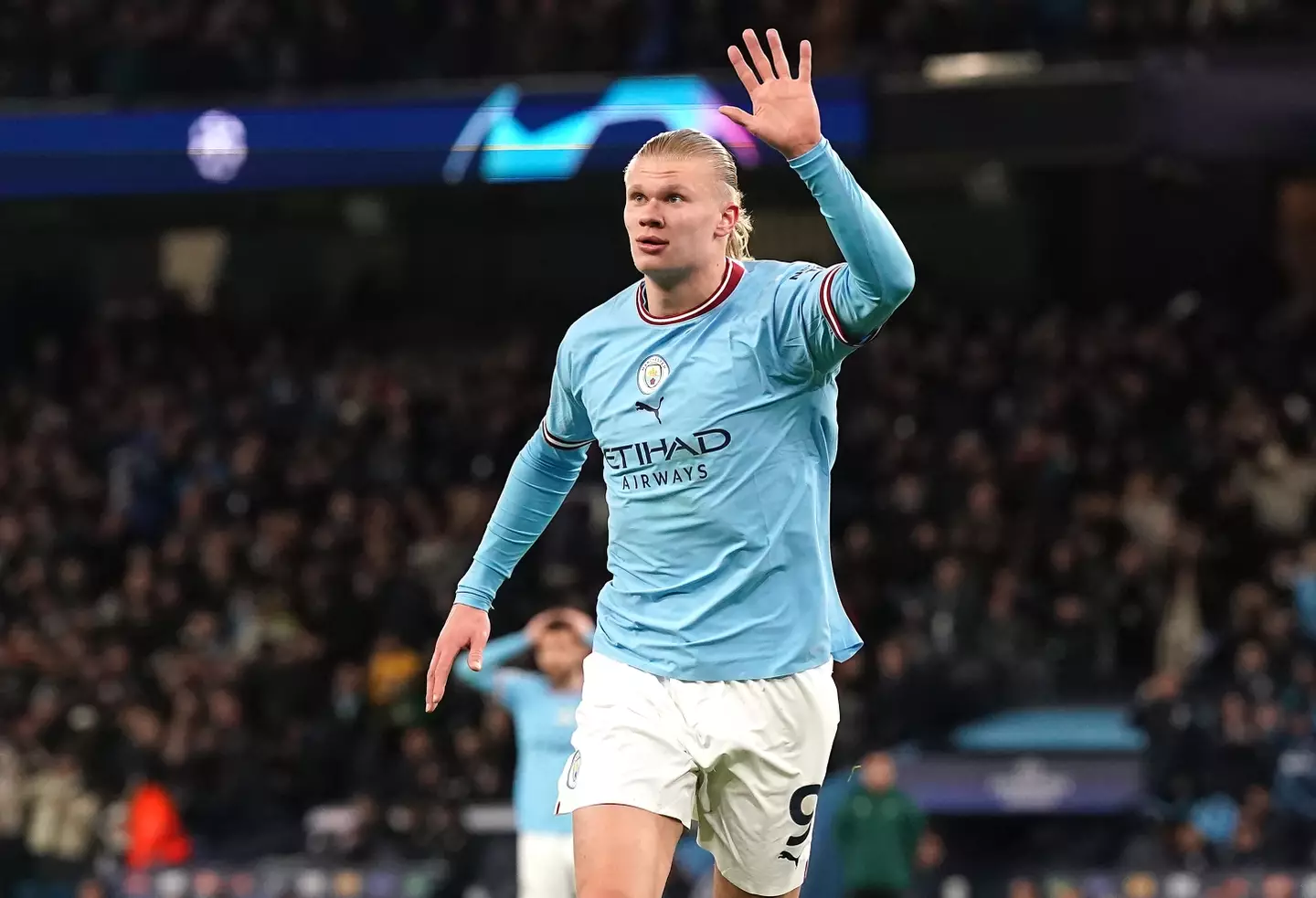 Erling Haaland celebrates scoring his fifth goal. Image: PA