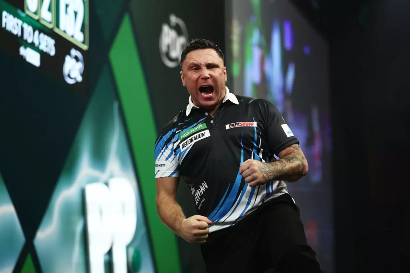 Gerwyn Price is known for his animated celebrations while playing darts. (Image: Getty)