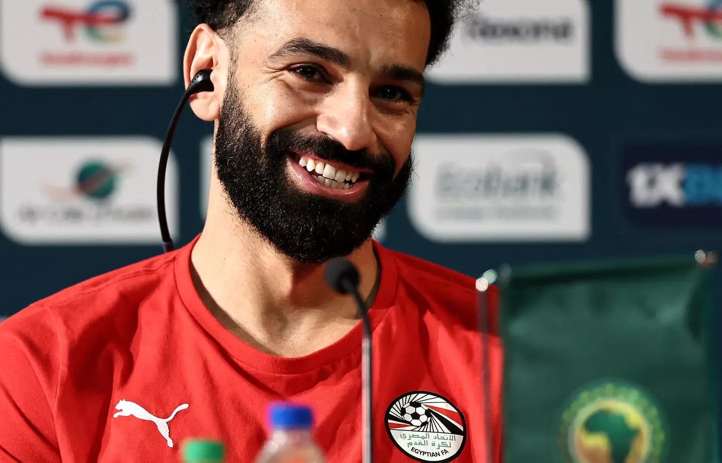 Mohamed Salah during a press conference. Image: Getty 