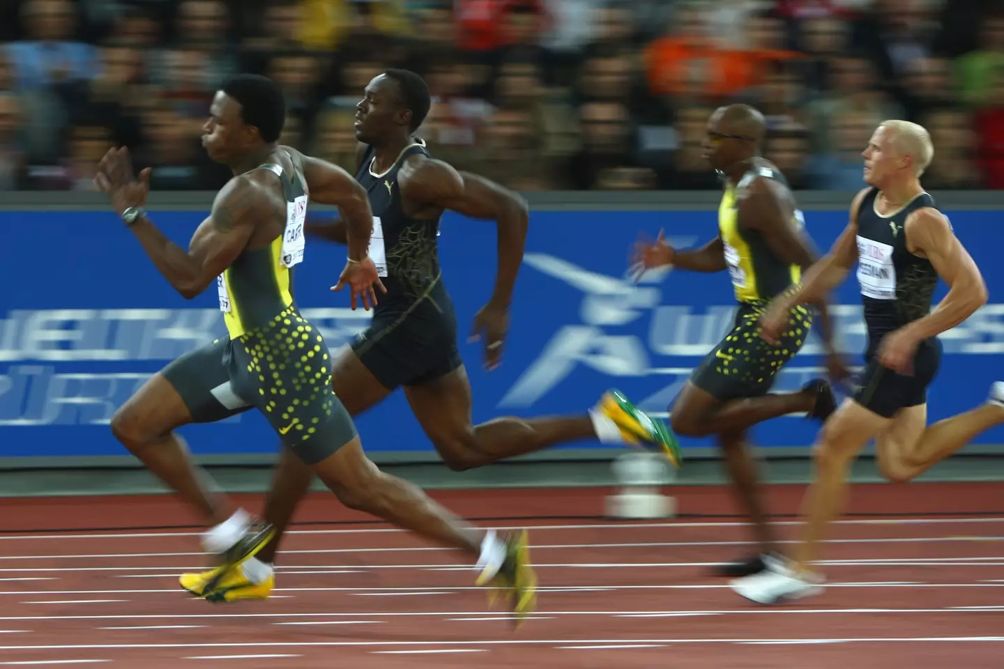 Xavier Carter (left) of the USA on his way to victory in the men's 200m from Usain Bolt (2nd left) of Jamaica during the Iaaf Weltklasse Golden League meeting on September 7th, 2007 in Zurich, Switzerland. Image credit: Getty