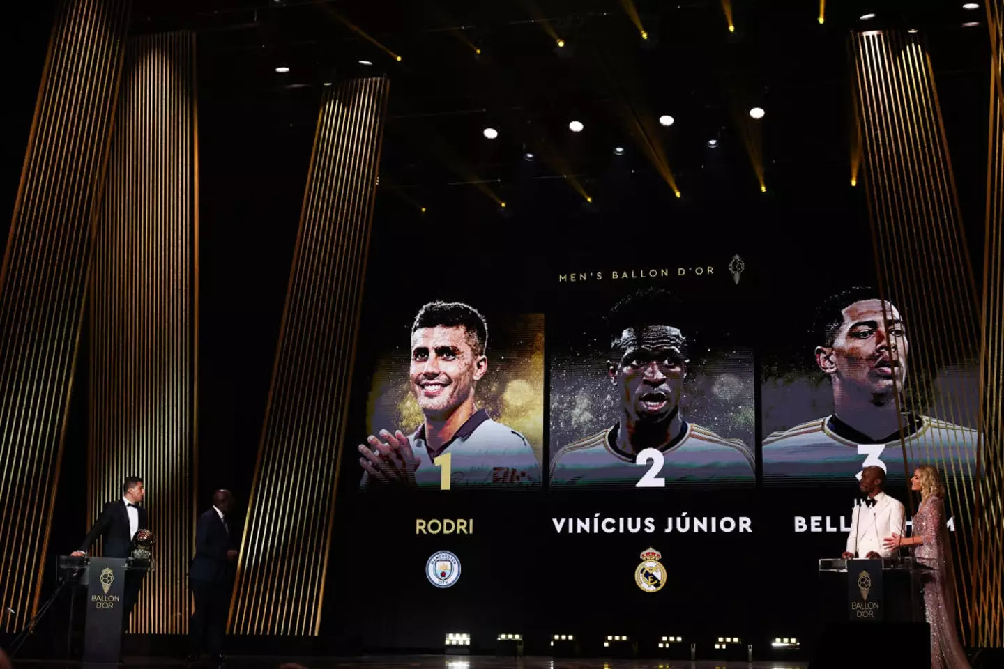 Real Madrid pair Vinicius Jr and Jude Bellingham finished second and third in the Ballon d'Or rankings behind Rodri. (Image: Getty)