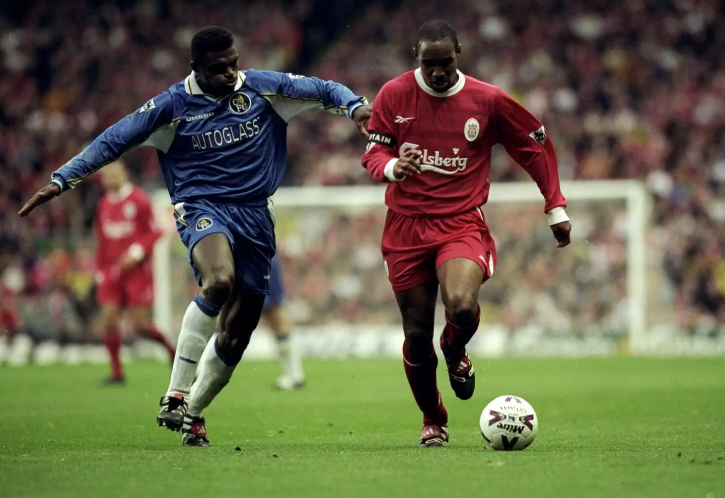 Paul Ince takes on Marcel Desailly. (Image: Getty)