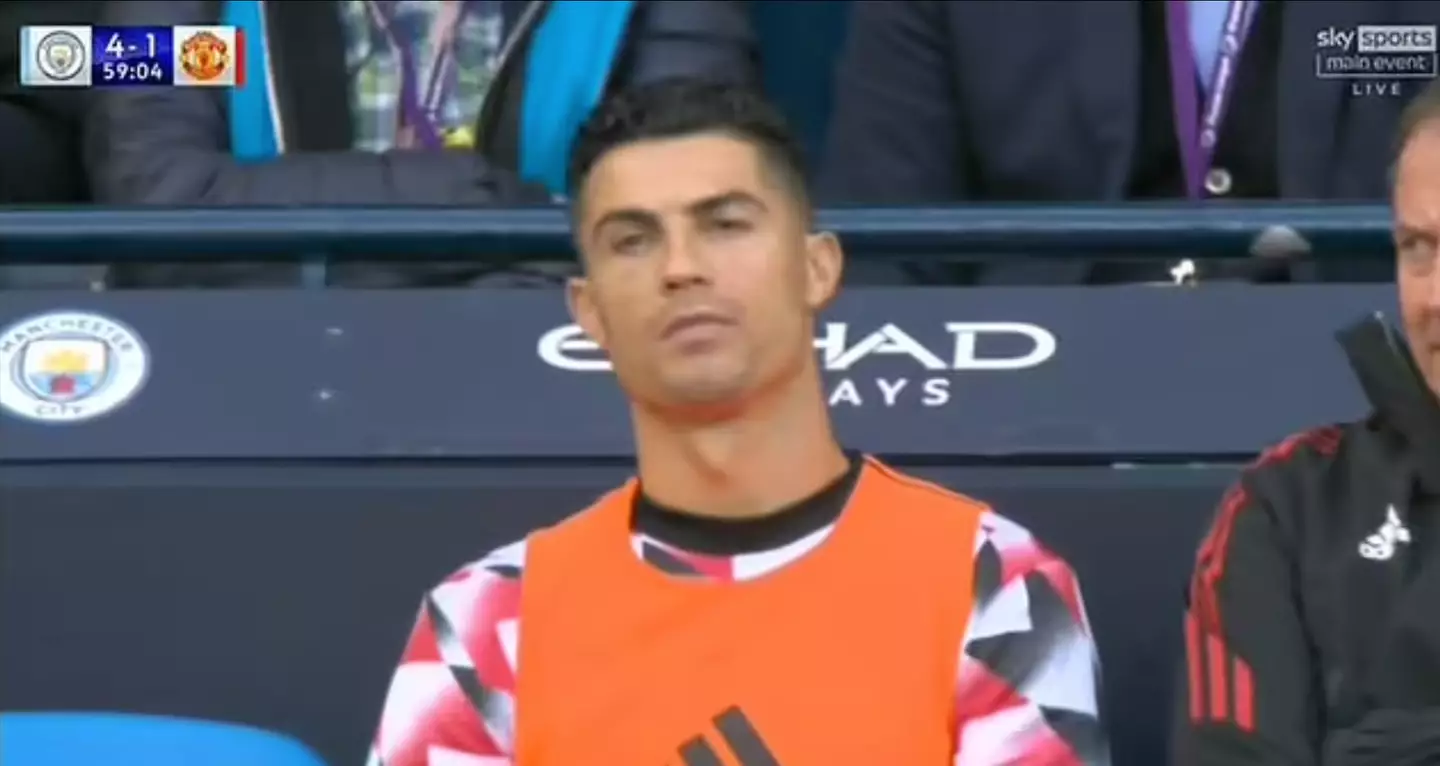 Ronaldo's reaction after it emerged that he wouldn't be brought on. Image credit: Sky Sports