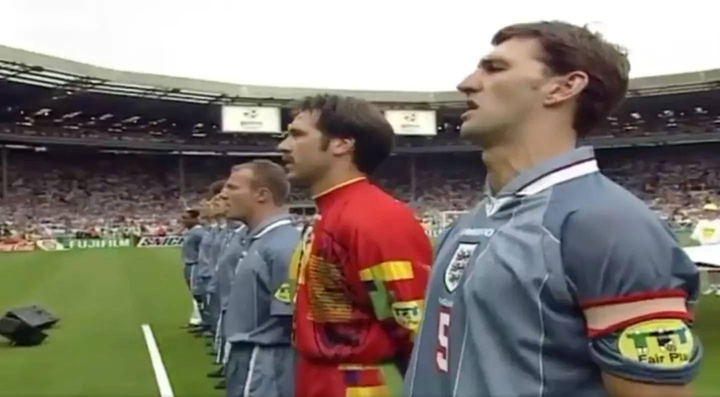 England captain Tony Adams and his teammates belted out the anthem with pride. (Image