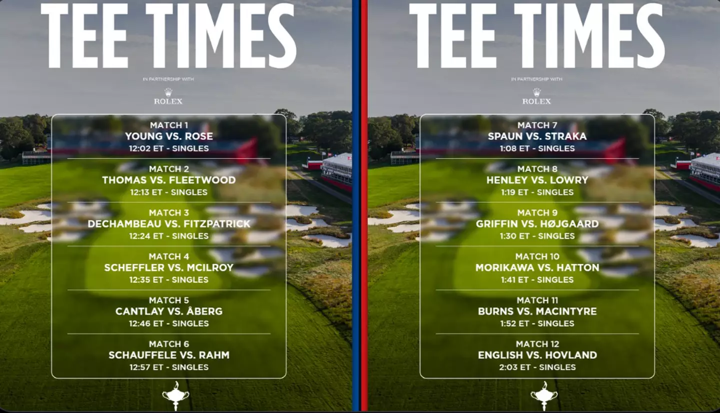 The tee times for the 12 singles matches on Ryder Cup Sunday (Image: Twitter/@RyderCup)