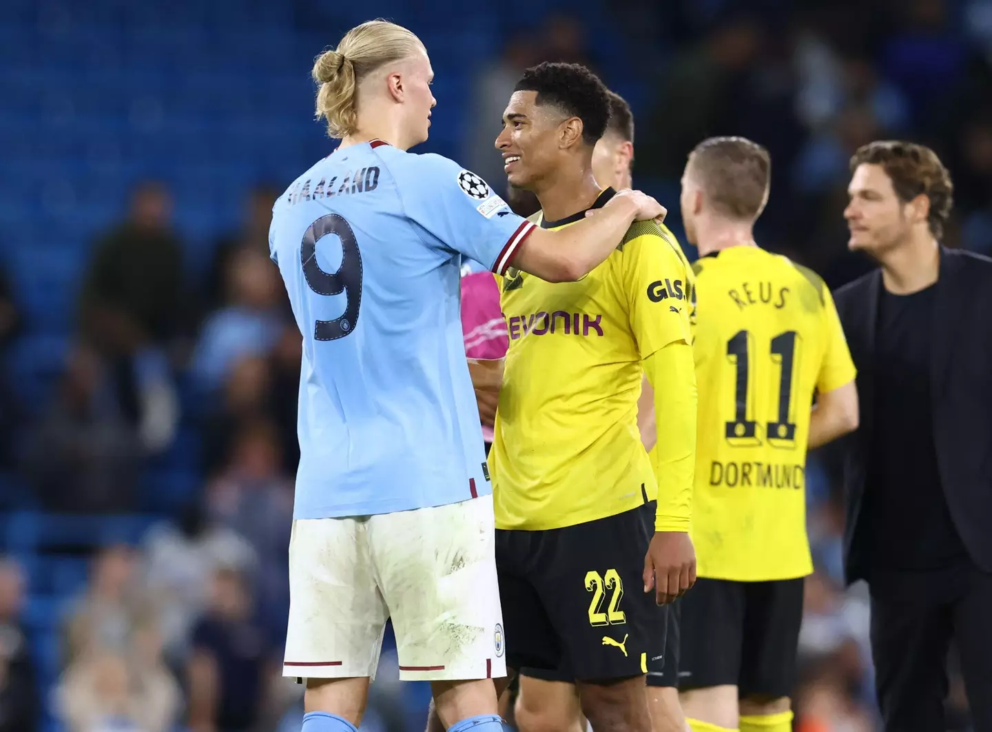 Haaland and Bellingham share a moment after the game. Image: Alamy