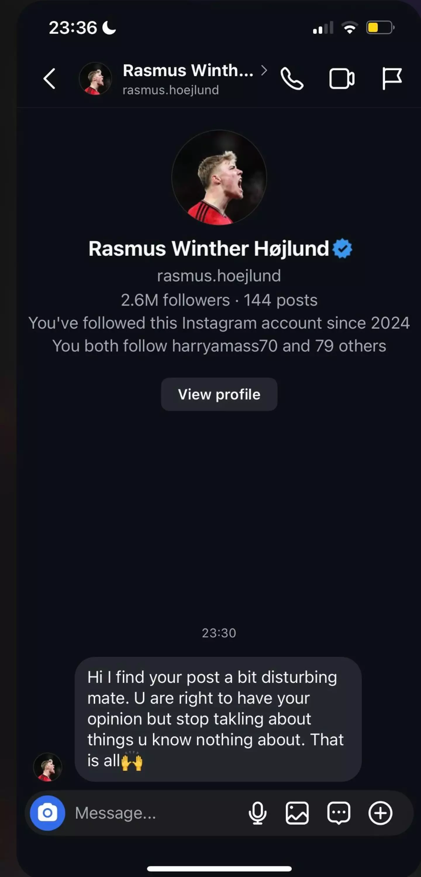 Rasmus Hojlund's alleged message to a fan on Instagram. Image: X/@utd8iiii