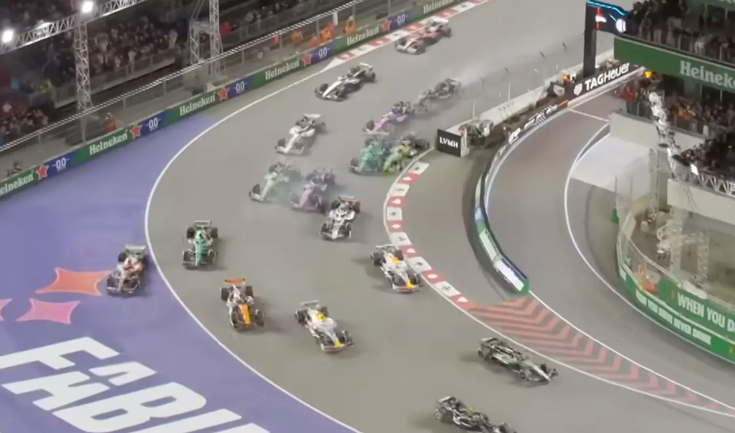 Bortoleto (far inside) collided with Stroll at turn one in Las Vegas (Image: Sky Sports F1)