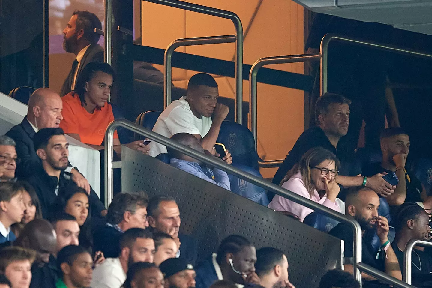 Kylian Mbappe watches Paris Saint-Germain vs. Lorient from the stands. Image: Getty