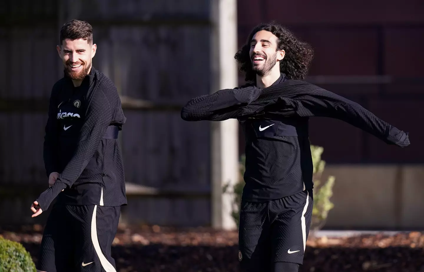 Chelsea's Marc Cucurella (right) and Jorginho during a training session at Cobham Training Centre. (Alamy)