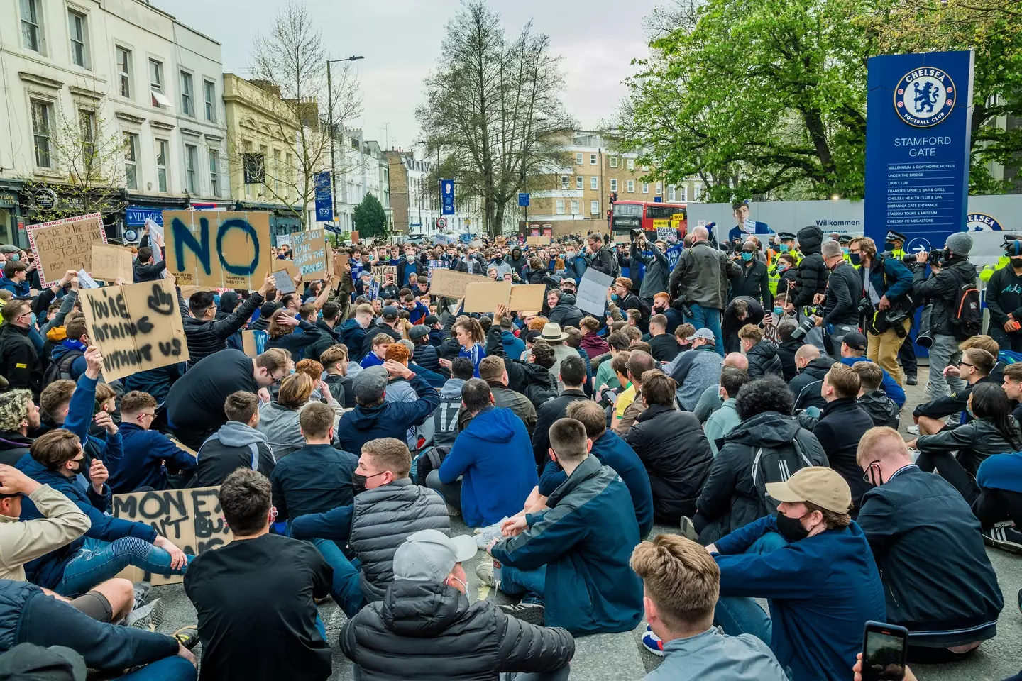 Chelsea fans protest against the Super League. Image: Alamy