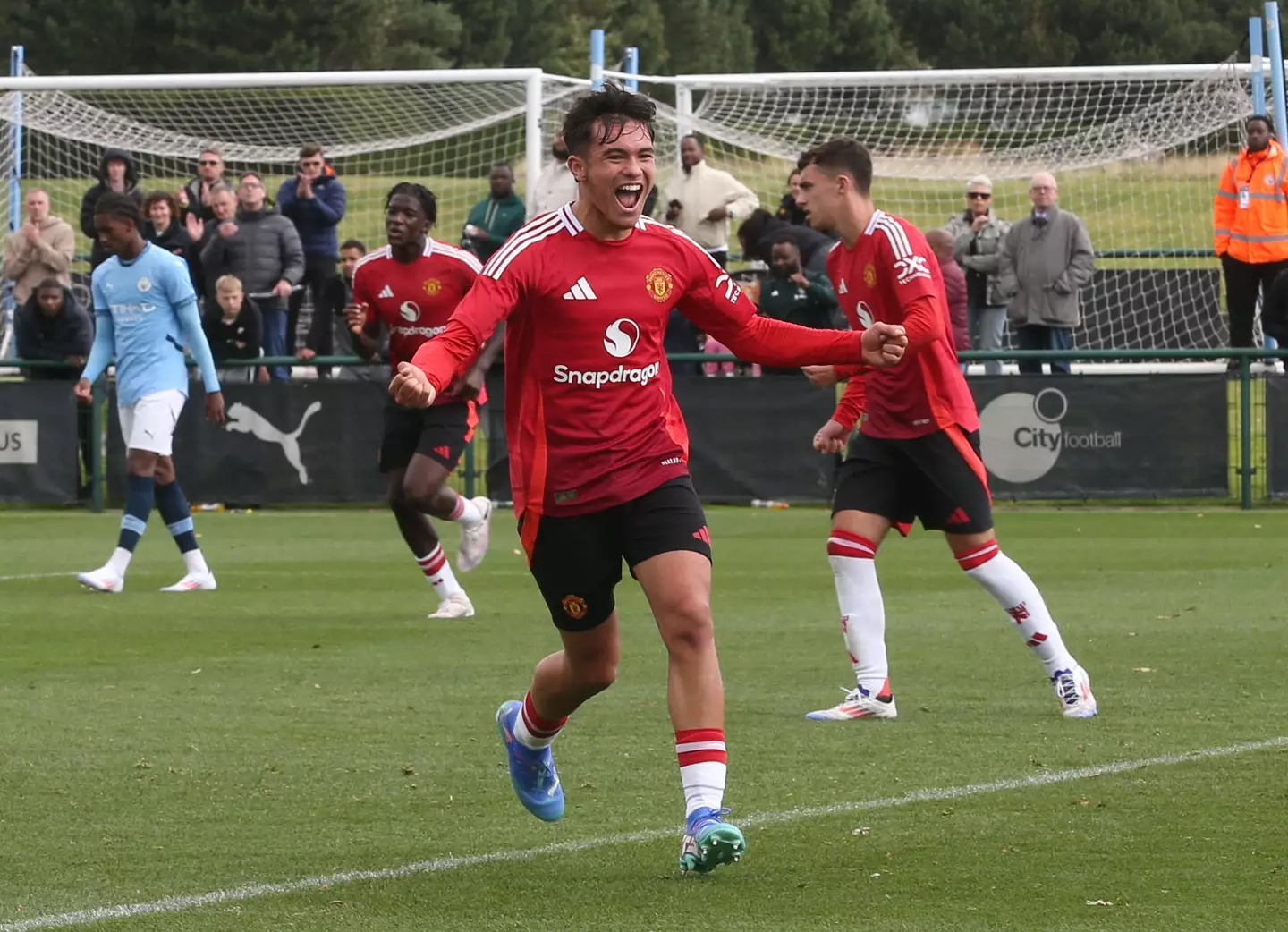 Gabriele Biancheri celebrates scoring for Manchester United. Image: Getty