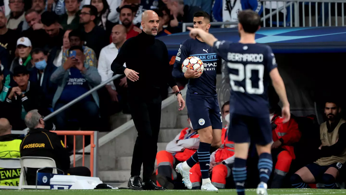 Pep Guardiola in Champions League action for Manchester City against Real Madrid.