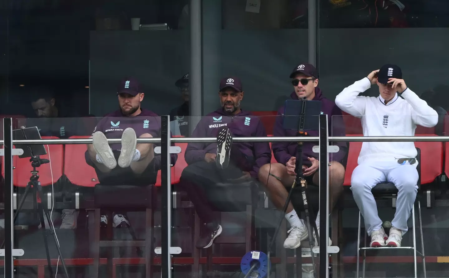 England head coach Brendon McCullum (left) with his assistants Jeetan Patel (centre) and Tim Southee (right). Image: Getty