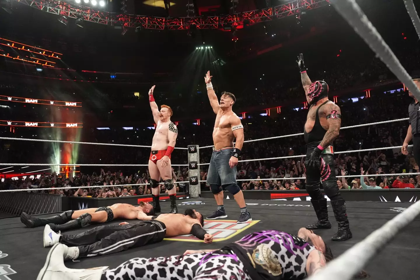 Sheamus, Cena and Mysterio hit a triple “You Can’t See Me”. Image credit: Getty