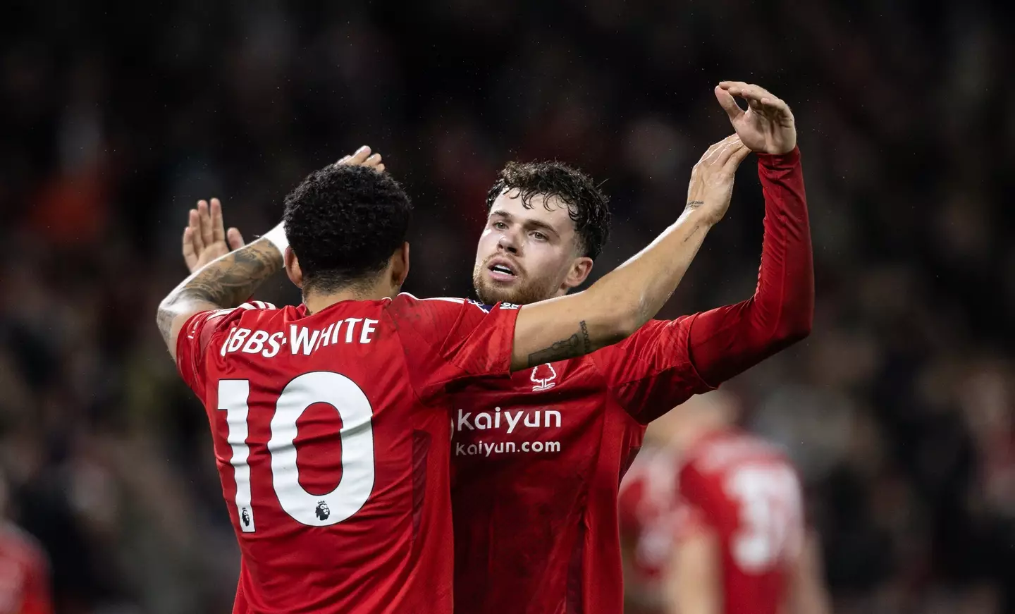 Neco Williams and Morgan Gibbs-White celebrate Nottingham Forest's win over Manchester United. Image: Getty