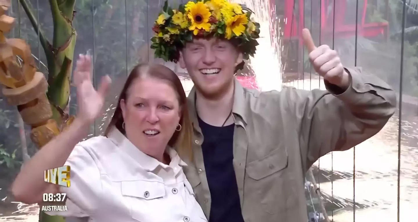 Ginge celebrated with his mum once he crossed the bridge as the King of the Jungle. (Image: ITV)