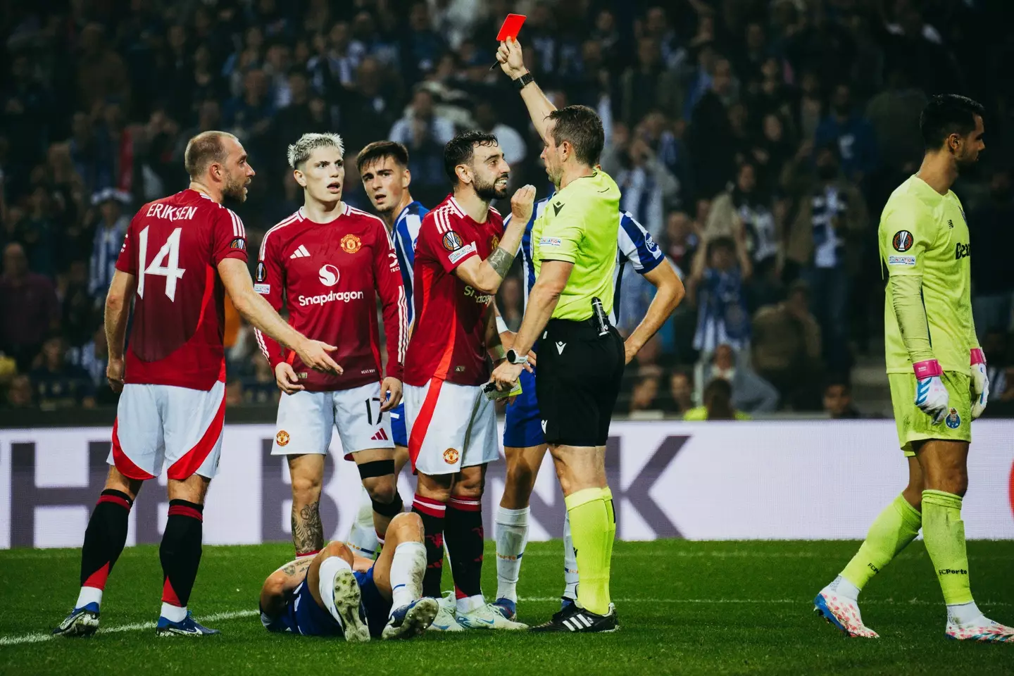 Bruno Fernandes shown a red card against Porto. Image: Getty