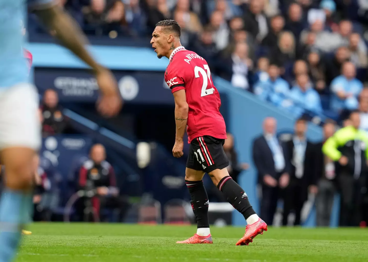 Antony celebrates after scoring against Man City. Image: Alamy 