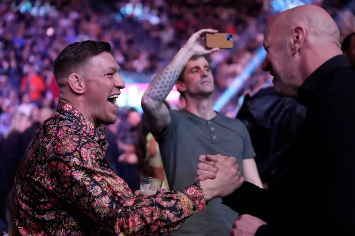 Conor McGregor and Dana White chat at UFC 285. Image: Getty 