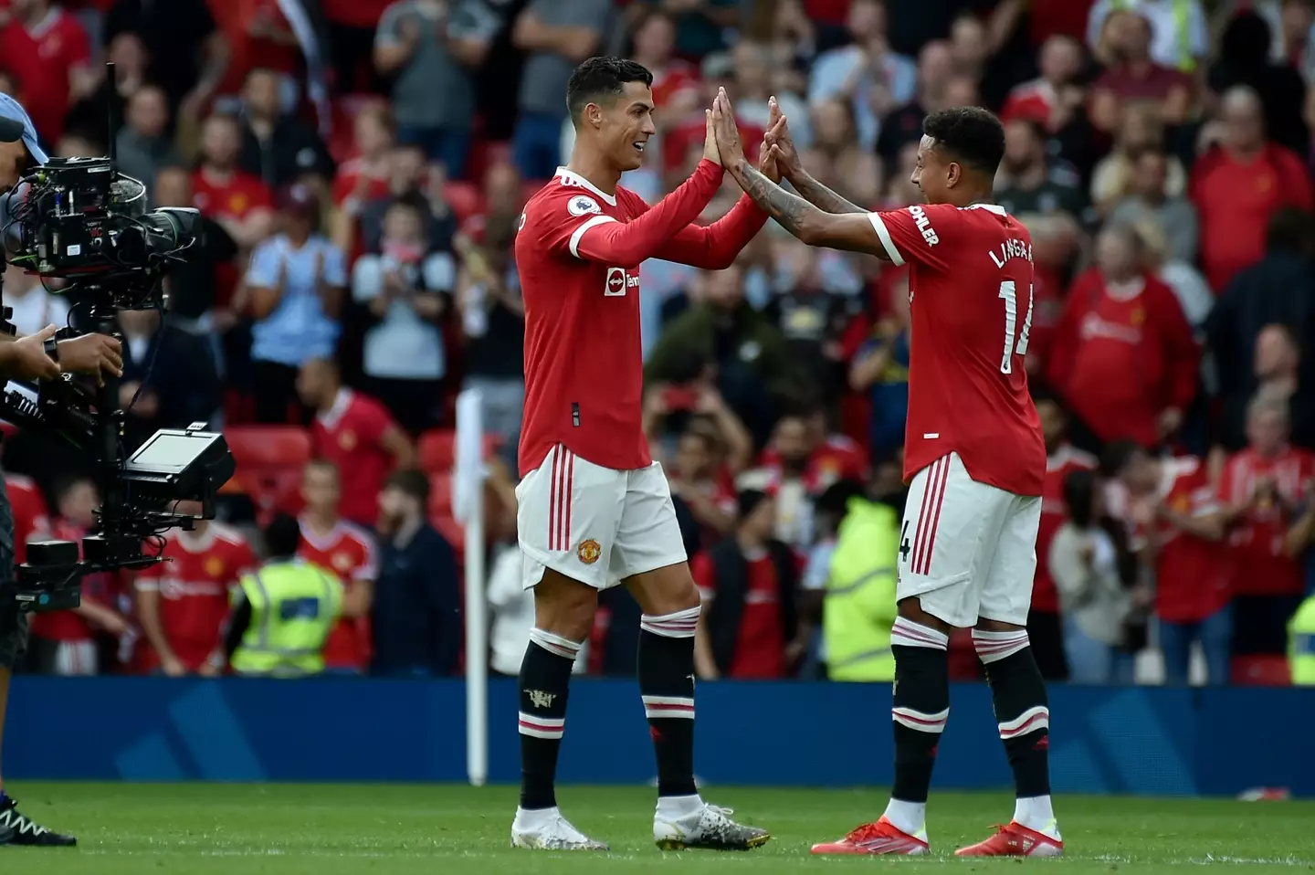 Ronaldo celebrates with Jesse Lingard after Saturday's game. Image: PA Images