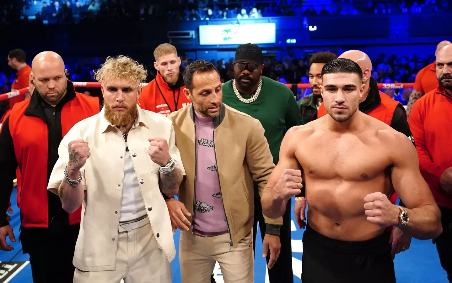 Jake Paul and Tommy Fury pose after a face-off. Image: Alamy