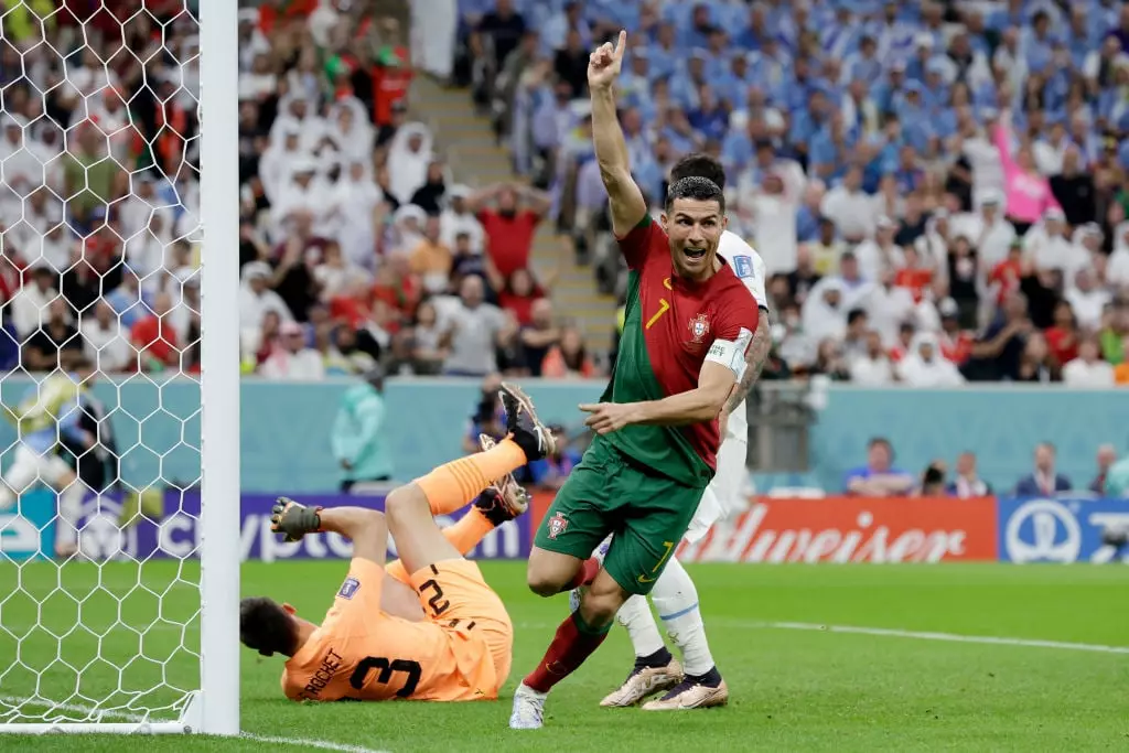 Ronaldo thought he had scored the opening goal of Portugal's 2-0 World Cup victory over Uruguay, but technology revealed he didn't touch the ball (Image: Getty)