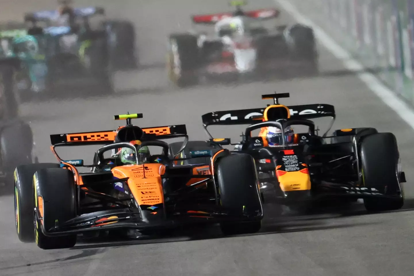 Lando Norris made an aggressive move on Max Verstappen at the Las Vegas Grand Prix. Image: Getty