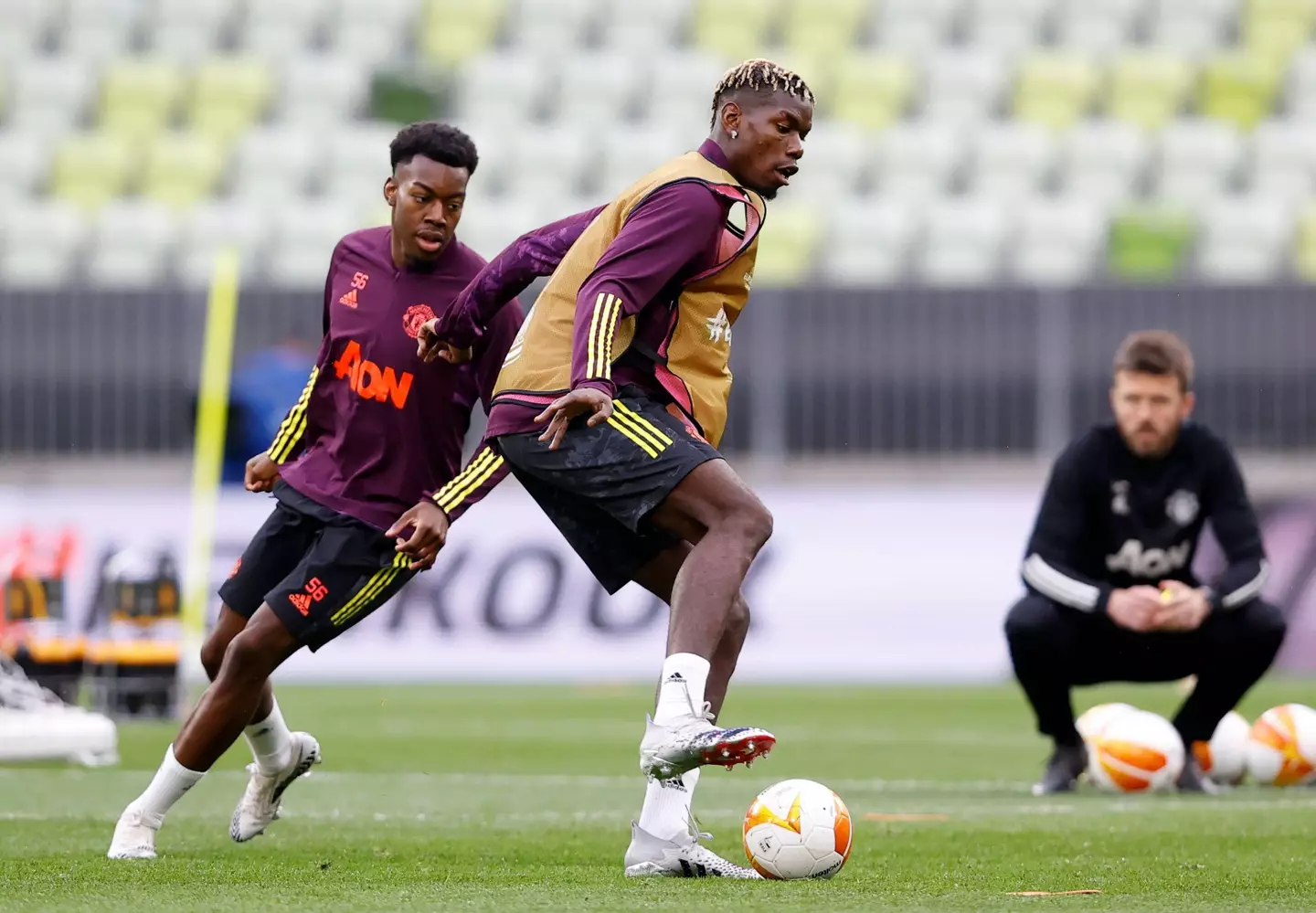 Paul Pogba in training with Anthony Elanga at Manchester United. (Alamy)